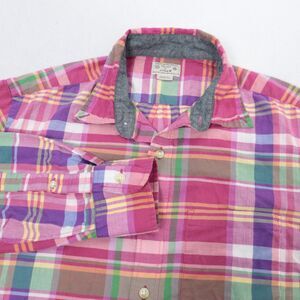J Crew Shirt Men Medium Button Down Pink Blue Plaid Long Sleeve Preppy EUC